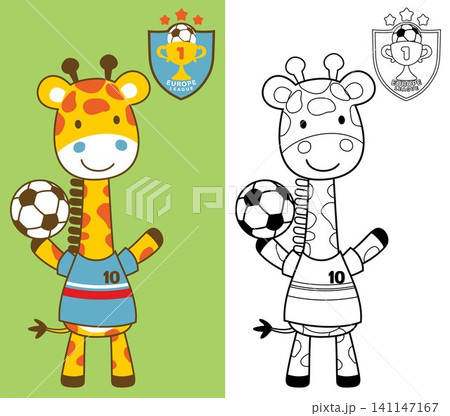 Vector cartoon of giraffe in soccer player costume holding soccer ball with soccer logo team, coloring book or page 141147167