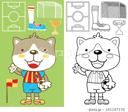 Vector cartoon of cute cat in soccer player costume holding ball with football elements, coloring book or page Vector cartoon of cute cat in soccer player costume holding ball with football elements, coloring book or page 141147170