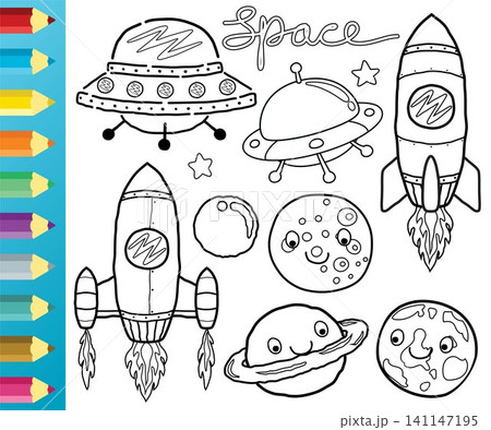 Vector set of cartoon spaceship with planets, space elements. Coloring book or page Vector set of cartoon spaceship with planets, space elements. Coloring book or page 141147195