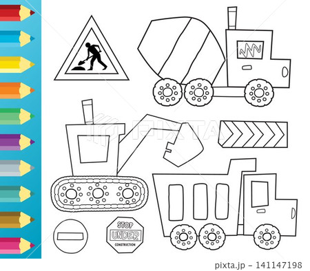 Set cartoon of construction vehicles and construction signs. Coloring book or page Set cartoon of construction vehicles and construction signs. Coloring book or page 141147198