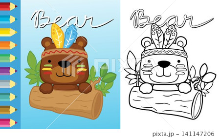 Vector illustration of cartoon bear with feather headdress on tree trunk. Coloring book or page Vector illustration of cartoon bear with feather headdress on tree trunk. Coloring book or page 141147206