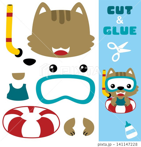 Cute cat using diving goggles with lifebuoy. Education paper game for children. Cutout and gluing. Vector cartoon illustration Cute cat using diving goggles with lifebuoy. Education paper game for children. Cutout and gluing. Vector cartoon illustration 141147228