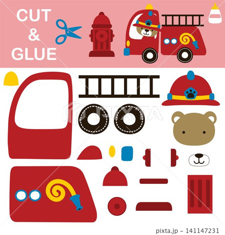 Cute bear driving firetruck with fire hydrant. Education paper game for children. Cutout and gluing. Vector cartoon illustration 141147231