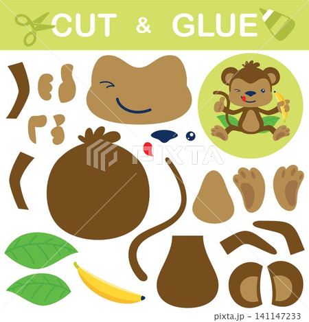 Cute monkey sitting on leaf holding banana. Education paper game for children. Cutout and gluing. Vector cartoon illustration 141147233