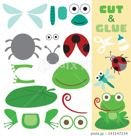 Cute frog sitting on lotus leaf with dragonfly and ladybird. Education paper game for children. Cutout and gluing. Vector cartoon illustration 141147234
