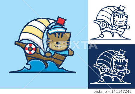 Cute cat in sailor costume on sailboat. Vector cartoon illustration Cute cat in sailor costume on sailboat. Vector cartoon illustration 141147245