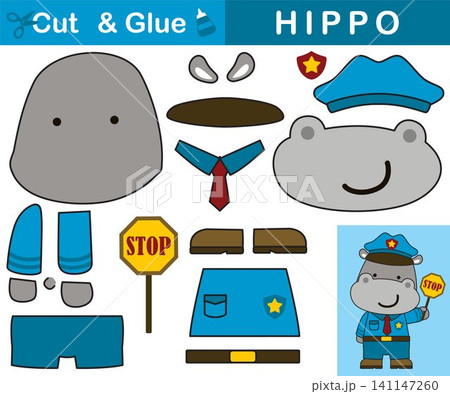 Cute hippo in traffic cop uniform. Education paper game for children. Cutout and gluing. Vector cartoon illustration Cute hippo in traffic cop uniform. Education paper game for children. Cutout and gluing. Vector cartoon illustration 141147260