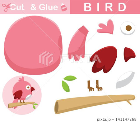 Cute bird perch on tree branches. Education paper game for children. Cutout and gluing. Vector cartoon illustration Cute bird perch on tree branches. Education paper game for children. Cutout and gluing. Vector cartoon illustration 141147269
