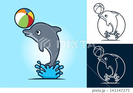 Funny dolphin playing ball. Vector cartoon illustration in flat icon style 141147275