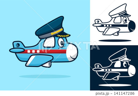 Funny little plane wearing pilot hat. Vector cartoon illustration in flat icon style Funny little plane wearing pilot hat. Vector cartoon illustration in flat icon style 141147286