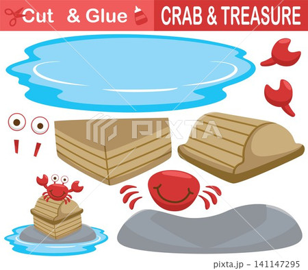 Red crab with treasure chest in the stone. Education paper game for children. Cutout and gluing. Vector cartoon illustration Red crab with treasure chest in the stone. Education paper game for children. Cutout and gluing. Vector cartoon illustration 141147295