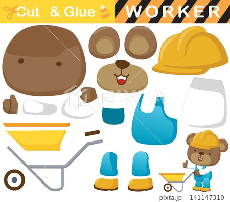 Cute bear in worker uniform with wheelbarrow. Education paper game for children. Cutout and gluing. Vector cartoon illustration 141147310