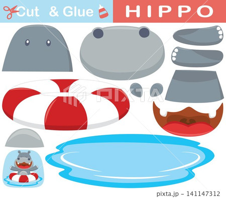 Funny hippo with lifebuoy in water. Education paper game for children. Cutout and gluing. Vector cartoon illustration Funny hippo with lifebuoy in water. Education paper game for children. Cutout and gluing. Vector cartoon illustration 141147312
