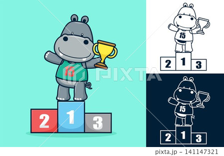Funny hippo on podium holding trophy. Vector cartoon illustration in flat icon style 141147321