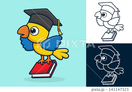 Cute bird wearing graduation hat carrying book in its feet. Vector cartoon illustration in flat icon style Cute bird wearing graduation hat carrying book in its feet. Vector cartoon illustration in flat icon style 141147323
