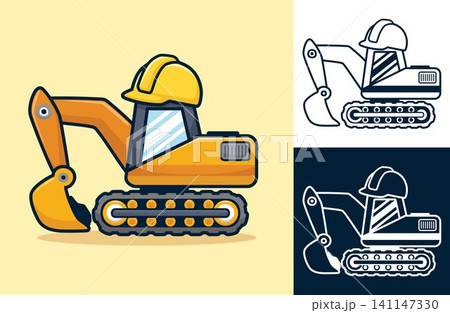 Excavator cartoon wearing helmet. Vector cartoon illustration in flat icon style Excavator cartoon wearing helmet. Vector cartoon illustration in flat icon style 141147330