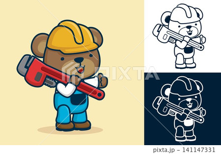 Cute bear wearing worker costume shouldering big wrench. Vector cartoon illustration in flat icon style 141147331