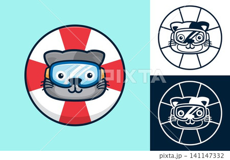 Funny cat's head wearing diving goggles on lifebuoy. Vector cartoon illustration in flat icon style Funny cat's head wearing diving goggles on lifebuoy. Vector cartoon illustration in flat icon style 141147332