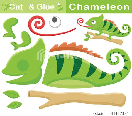 Funny chameleon on tree branches. Education paper game for children. Cutout and gluing. Vector cartoon illustration Funny chameleon on tree branches. Education paper game for children. Cutout and gluing. Vector cartoon illustration 141147384