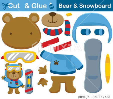 Cute bear in warm clothes and helmet with snowboard. Cutout and gluing. Vector cartoon illustration 141147388