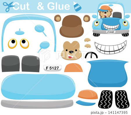 Funny monkey on smiling car. Education paper game for children. Cutout and gluing. Vector cartoon illustration Funny monkey on smiling car. Education paper game for children. Cutout and gluing. Vector cartoon illustration 141147395