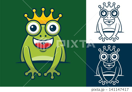 Funny frog wearing golden crown. Vector cartoon illustration in flat icon style Funny frog wearing golden crown. Vector cartoon illustration in flat icon style 141147417