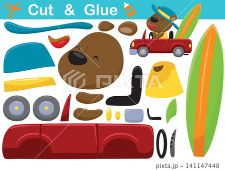 Funny bear on car with surfboard. Education paper game for children. Cutout and gluing. Vector cartoon illustration Funny bear on car with surfboard. Education paper game for children. Cutout and gluing. Vector cartoon illustration 141147448