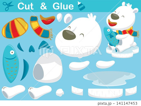 Funny polar bear holding fish. Education paper game for children. Cutout and gluing. Vector cartoon illustration Funny polar bear holding fish. Education paper game for children. Cutout and gluing. Vector cartoon illustration 141147453
