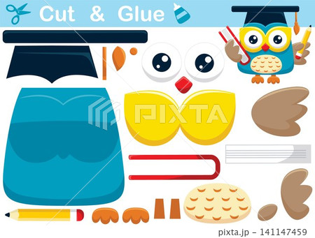 Cute owl in graduation hat holding book and pencil. Cutout and gluing. Vector cartoon illustration 141147459