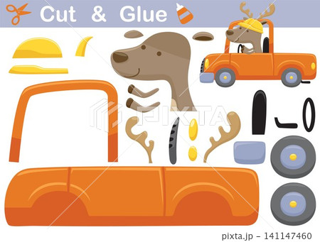 Funny deer wearing helmet on truck. Education paper game for children. Cutout and gluing. Vector cartoon illustration 141147460