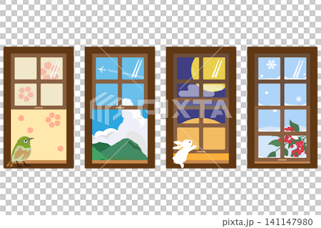 A set depicting the four seasons of Japan, seen through a brown sash window from inside the room. A set depicting the four seasons of Japan, seen through a brown sash window from inside the room. 141147980