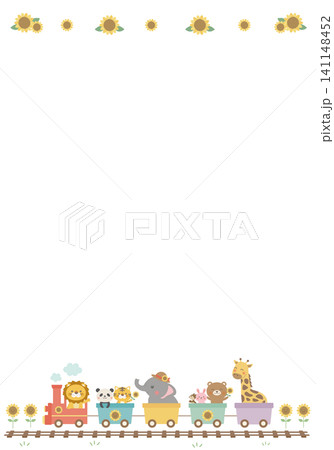 【ベクター】ひまわりボーダーと動物汽車の縦長背景　かわいい夏のイラスト 141148452