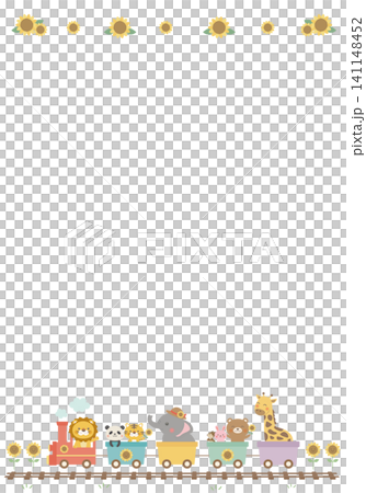 【ベクター】ひまわりボーダーと動物汽車の縦長背景　かわいい夏のイラスト 141148452