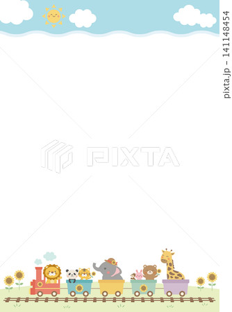 【ベクター】雲フレームと動物汽車の縦長夏背景　かわいいイラスト 141148454