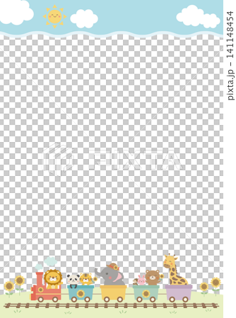【ベクター】雲フレームと動物汽車の縦長夏背景　かわいいイラスト 141148454