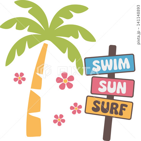 Tropical Beach Sign with Palm Tree Illustration	 141148893