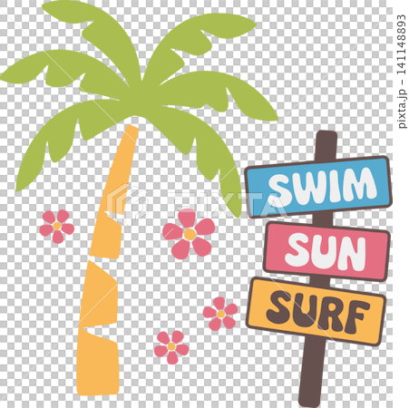 Tropical Beach Sign with Palm Tree Illustration Tropical Beach Sign with Palm Tree Illustration 141148893