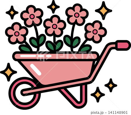 Pink Wheelbarrow Filled with Flowers Cute Garden Illustration Pink Wheelbarrow Filled with Flowers Cute Garden Illustration 141148901
