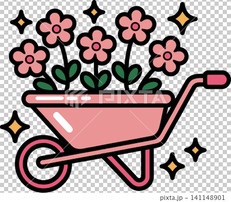Pink Wheelbarrow Filled with Flowers Cute Garden Illustration Pink Wheelbarrow Filled with Flowers Cute Garden Illustration 141148901