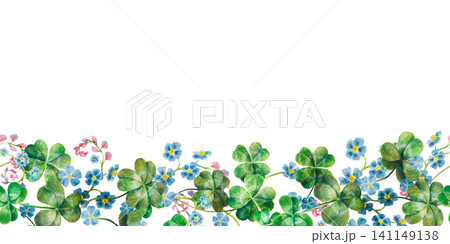 Floral seamless border of green clovers and blue forget-me-nots hand drawing watercolor art. A festive Irish frame perfect for St. Patrick's Day greeting cards, spring invitations, or menu edge decor. Floral seamless border of green clovers and blue forget-me-nots hand drawing watercolor art. A festive Irish frame perfect for St. Patrick's Day greeting cards, spring invitations, or menu edge decor. 141149138