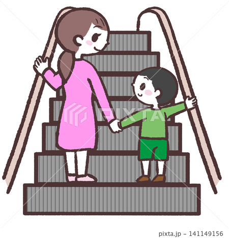 上りエスカレーターに乗る親子のイラスト 上りエスカレーターに乗る親子のイラスト 141149156