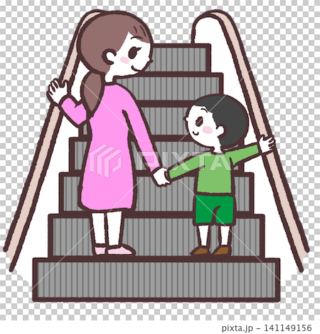 上りエスカレーターに乗る親子のイラスト 上りエスカレーターに乗る親子のイラスト 141149156