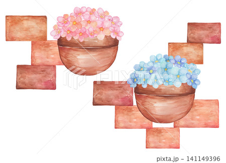 水彩で描いたレンガの背景とプランターのイラスト 141149396