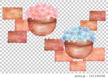 水彩で描いたレンガの背景とプランターのイラスト 141149396