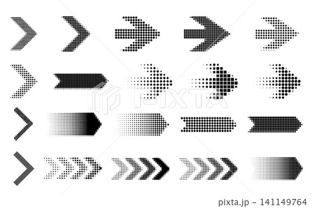 Halftone dot arrow icons collection, Geometric black gradient pointers, Vector arrow elements for interface, Abstract digital navigation symbols Halftone dot arrow icons collection, Geometric black gradient pointers, Vector arrow elements for interface, Abstract digital navigation symbols 141149764
