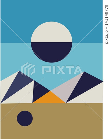 Geometric mountain landscape illustration, Minimalist desert pyramids graphic, Abstract sun and hills vector 141149779