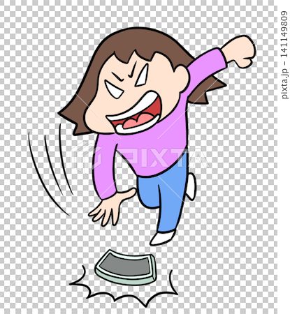 A comical illustration of a woman angrily slamming her smartphone onto the ground. A comical illustration of a woman angrily slamming her smartphone onto the ground. 141149809