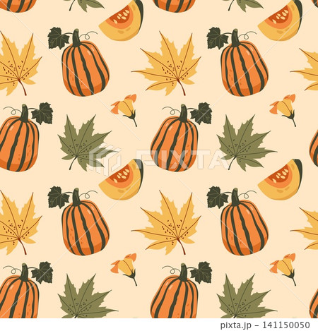 Autumn seamless pattern with striped pumpkins maple leaves and slices on beige background 141150050