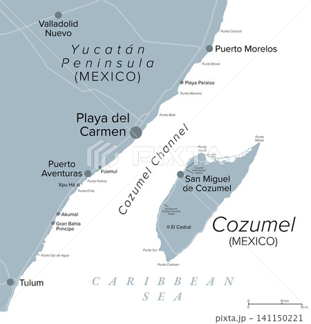 Cozumel and Playa del Carmen in Mexico, gray political map. Caribbean island and resort city, both popular tourist destinations in the Mexican Riviera Maya region. Isolated illustration. Vector Cozumel and Playa del Carmen in Mexico, gray political map. Caribbean island and resort city, both popular tourist destinations in the Mexican Riviera Maya region. Isolated illustration. Vector 141150221
