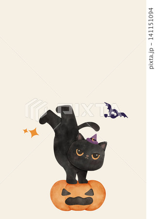 Black Cat Halloween Invitation Card Cute Watercolor Cat Standing on Jack O Lantern Pumpkin Black Cat Halloween Invitation Card Cute Watercolor Cat Standing on Jack O Lantern Pumpkin 141151094